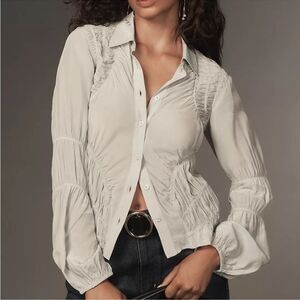 By Anthropologie Long-Sleeve Shirred Buttondown Shirt S